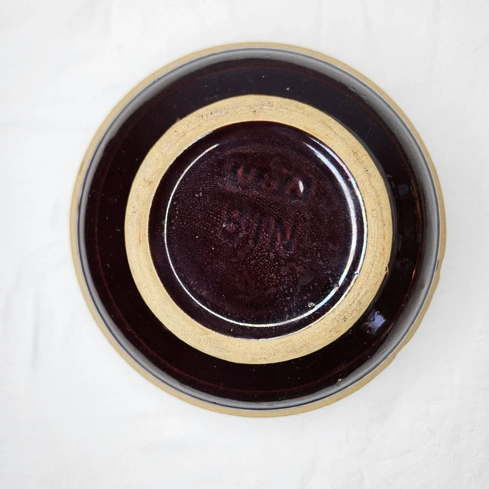 Vintage‎ USA 8 Inch Banded Stoneware Mixing Bowl Brown Blue Tan Ribbed Pottery